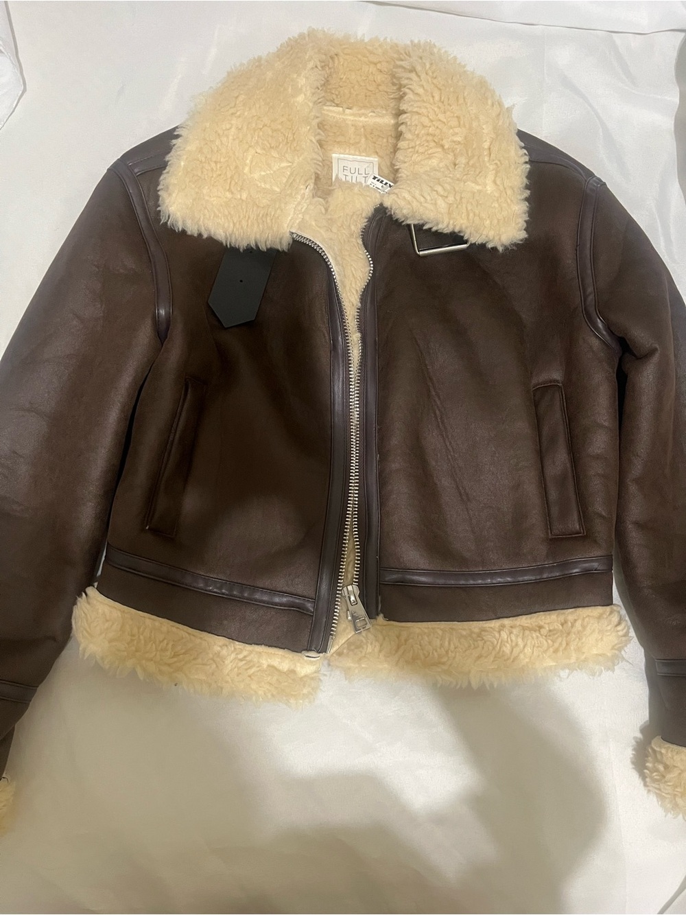 Full Tilt Brown Shearling Bomber Jacket with Cream Collar